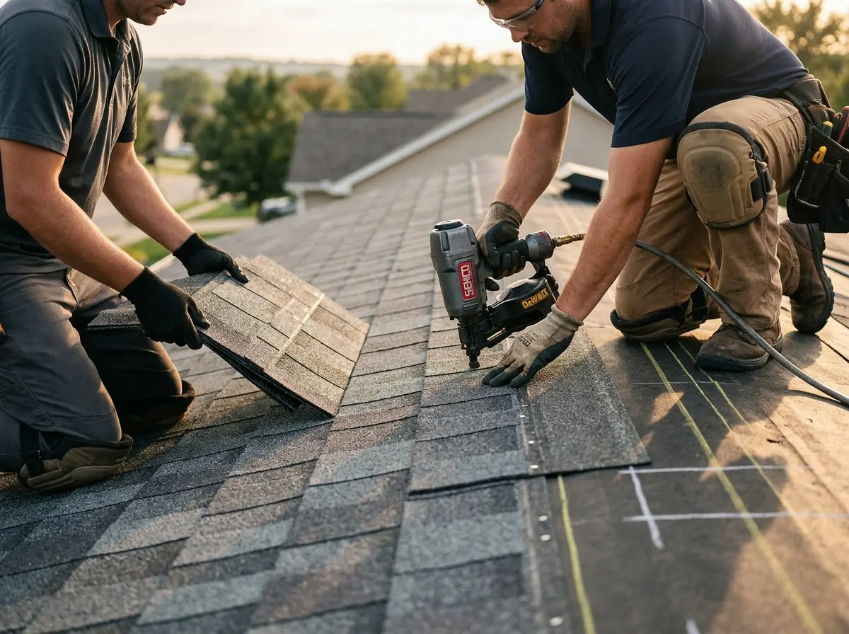 Professional roofer working on a residential roof in Rainsville